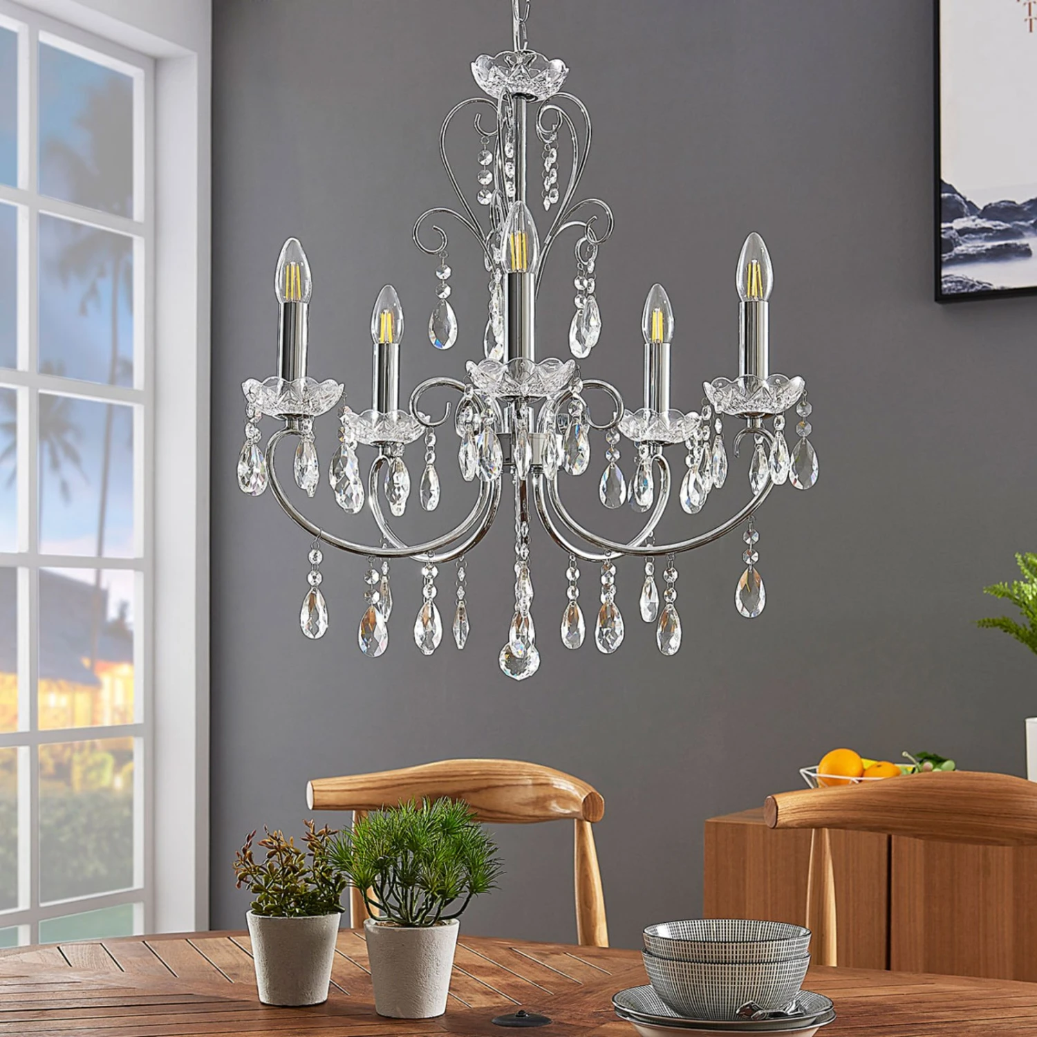 Lucande Kronleuchter Solveig Mit Kristallen, 5-fl., Chrom 2 Lucande Kronleuchter Solveig Mit Kristallen, 5-fl., Chrom – Bild 2