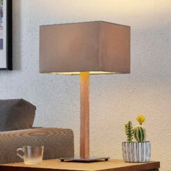 Lucande Heily Tischleuchte, Holz, Eckig, Grau